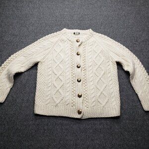 J. CREW Cable Knit Cardigan Sweater Ivory Gold Buttons Lambswool Size Medium